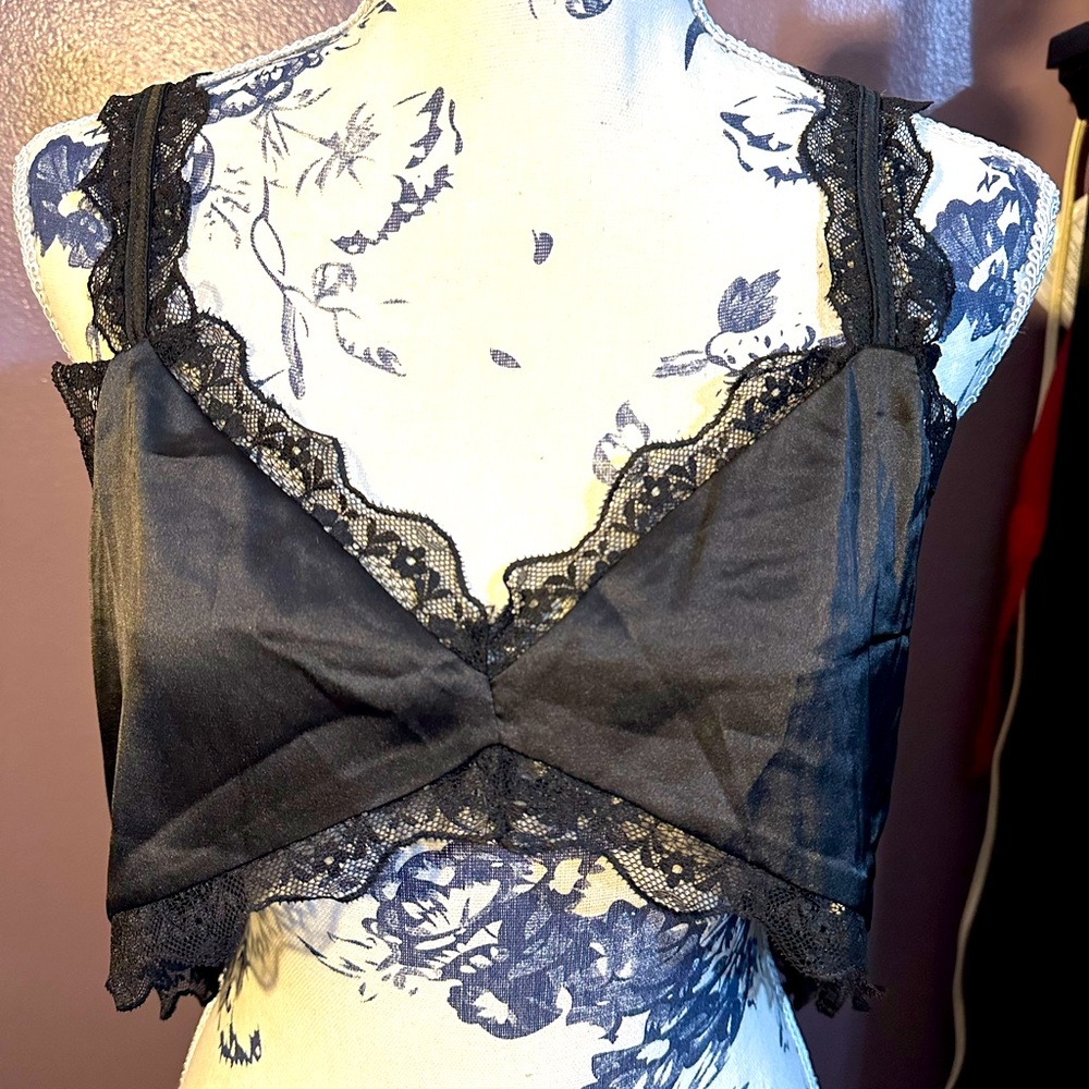 Black satin camisole with lace trim